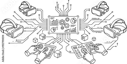 Line art vector of a metaverse and virtual reality concept with VR headsets, a central data dashboard, and touch interfaces