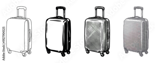 Four modern rolling suitcases are depicted using various graphic styles, including clean outline, bold solid, intricate engraving, and classic halftone techniques