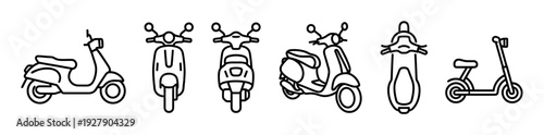 Six minimalist line art scooter icons are presented in a collection, featuring classic motor scooters and a modern electric kick scooter from various angles, rendered with clean black outlines