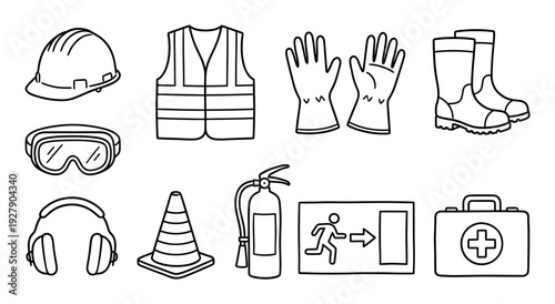 Collection of essential safety equipment and signs are depicted in a clean, simple black outline drawing style, illustrating various personal protective gear and emergency items