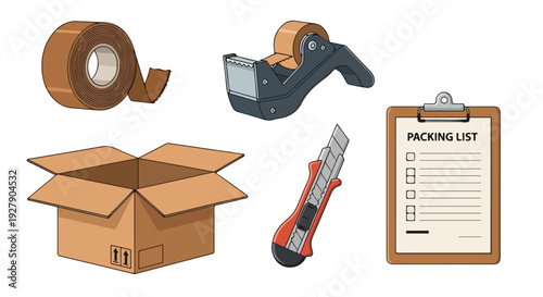 Flat lay of various moving and packing supplies on a white background including a cardboard box, tape, cutter, and packing list on a clipboard.