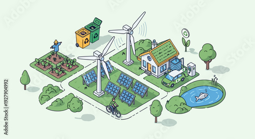 Set of eco-friendly village icons vector, sustainable community, green energy, solar panels, wind turbines
