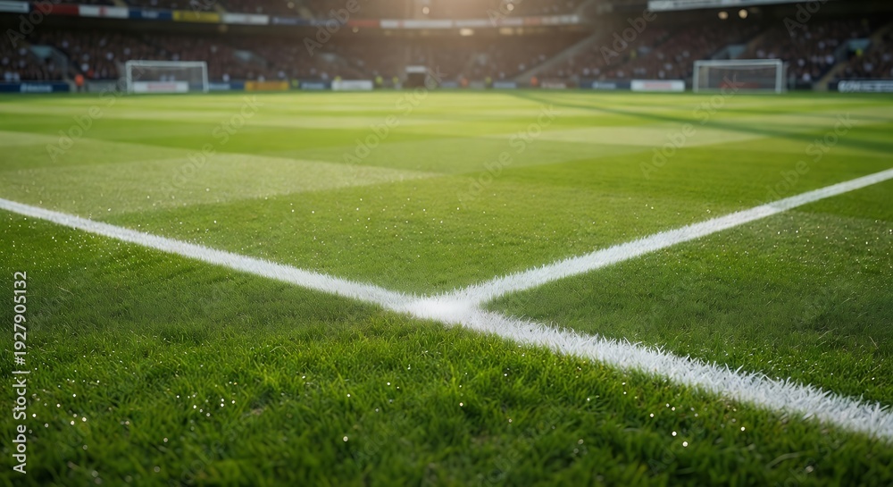 Fototapeta premium Soccer Field Corner with Fresh Green Grass in Stadium