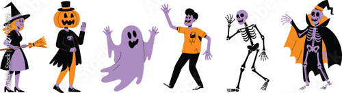 Halloween character collection set, witch pumpkin ghost skeleton vampire costume party icons, spooky cartoon avatars, flat vector illustration