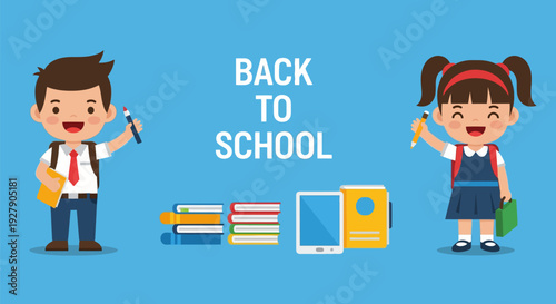 Back to School: Happy Children, Books, and Digital Learning Tools Illustration