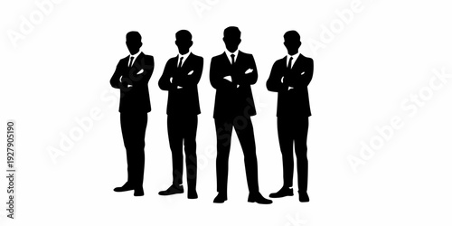 Silhouette of four businessmen standing with arms crossed against white