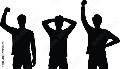 Male silhouettes expressing emotions, victory and stress gestures collection, human reaction poses illustration isolated on white background design