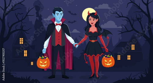 Happy Halloween Couple: Vampire Man and Devil Woman Trick-or-Treating with Pumpkin Candy Buckets at Night