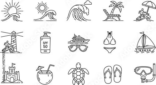 Summer Vacation and Beach Icon Set with Sun, Waves, Palm Trees, Travel, Sea Life, and Holiday Symbols for Tourism, Apps, and Vector Designs
