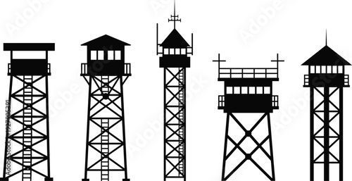 Military Watchtower Silhouette Set, Guard Tower Vector Collection, Security Observation Post Icons, Black Isolated Outline Illustration, Defense Architecture Graphic Design