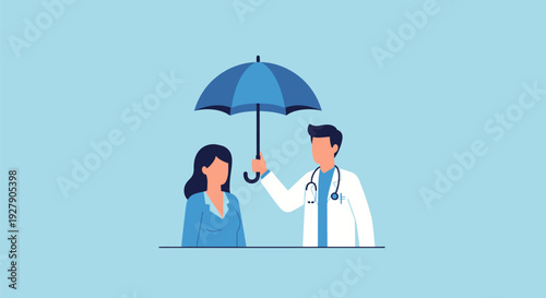Doctor Protecting Patient with Umbrella. Healthcare Protection, Medical Insurance & Patient Care Concept Illustration.