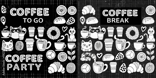 Whimsical black and white doodle illustration of coffee cats and pastries