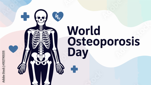 World osteoporosis day awareness illustration with human skeleton and medical symbols on colorful background