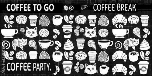 A black and white illustration featuring coffee cats and pastry doodles