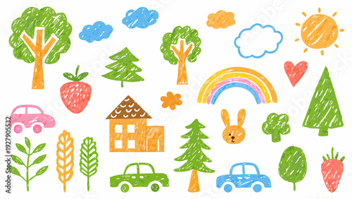 Colorful childlike drawing featuring trees a rainbow and various objects