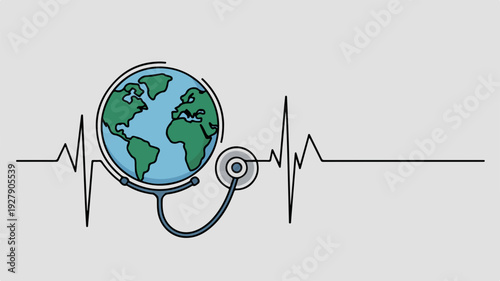 Earth globe with stethoscope and ecg line symbolizing global health and wellness concept