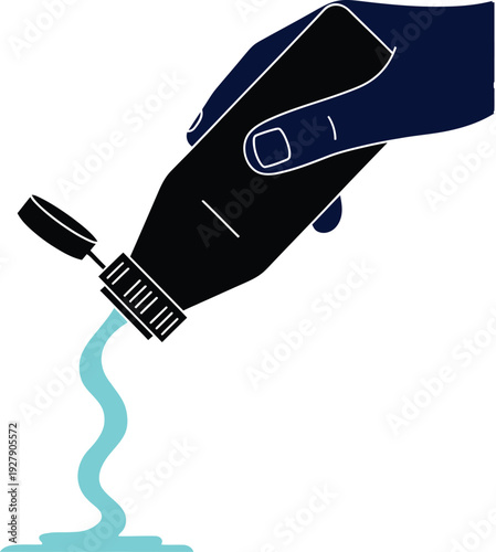 Hand holding black bottle with turquoise liquid pouring out