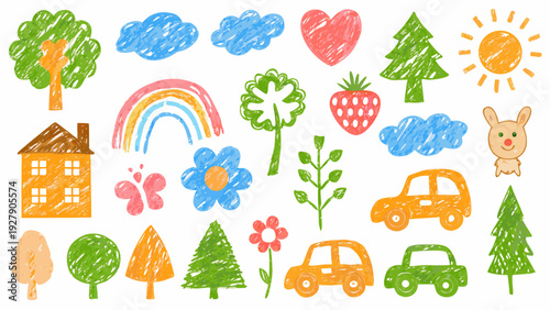 Colorful crayon drawings depicting nature vehicles and heart shapes