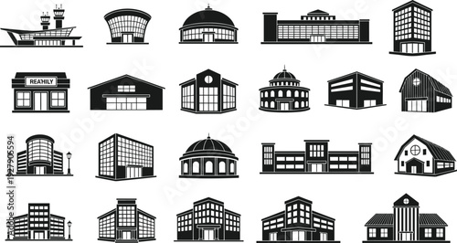 Modern building silhouettes set, commercial and public architecture icons collection, office retail airport school bank warehouse structures isolated on white background vector illustration