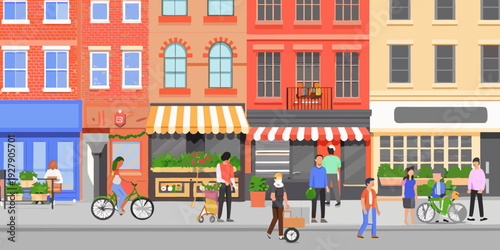 Colorful street scene of shops and people in a bustling city