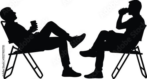 Man relaxing on lounge chair silhouette drinking beverage, leisure and rest concept, comfortable sitting pose isolated on white background illustration