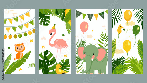 Four colorful storybook panels featuring jungle animals and party decorations