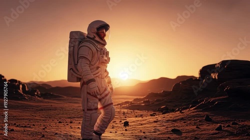 Astronaut Traversing Martian Landscape During Sunset Mountains In Background With Potential Use To Illustrate Space Exploration Futuristic Concepts Scientific Discovery