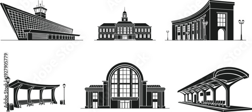 Railway station buildings and platforms silhouette set, classic and modern train terminal architecture city transport infrastructure vector illustration collection