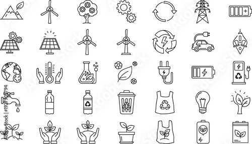 Sustainability and Renewable Energy Outline Icon Set Featuring Eco Friendly Power, Recycling, Green Technology, Nature Care, and Environmental Protection Symbolsy