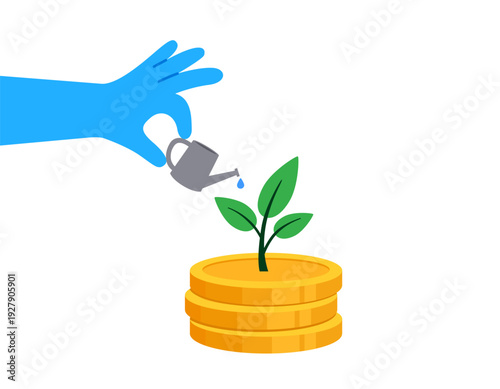 Investment growing, wealth profit growth or earning increase. Hand waters growing money plant from stack of gold coins. Vector illustration