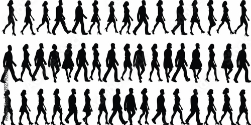 Silhouettes of walking people arranged in rows creating a pattern