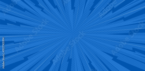 Pop art comic background with lightning. Blue sunburst effect background with halftone. Explosion radial lines abstract comic book, anime style, lightning.