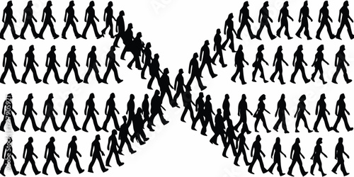 A crowd of silhouetted people form the shape of a reclining figure