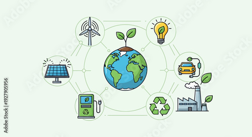Eco friendly icons vector set. Includes solar panel, wind turbine, light bulb, recycling, factory, leaf, gas pump, satellite. Created in colorful outline style with green and blue palette