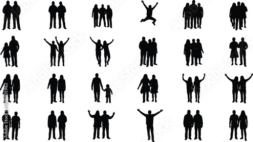 People silhouettes, business group set, diverse family collection, standing sitting poses, corporate teamwork, men women together, flavector, architectural scale figures, vector.