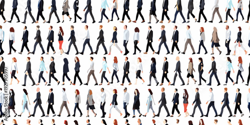 A large group of business people walking in a repeating pattern