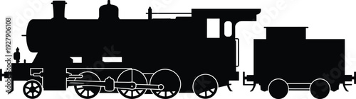 Vintage steam locomotive train silhouette with coal tender for historical transportation industrial heritage railway travel nostalgia engine engineering and antique machinery design element