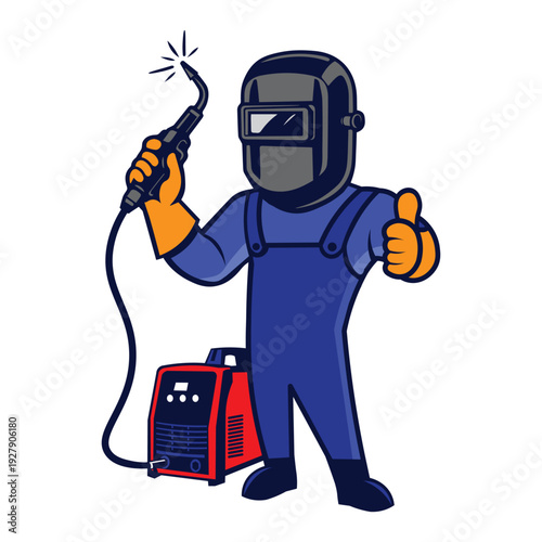 Professional Welder Mascot Character Holding Welding Torch Illustration