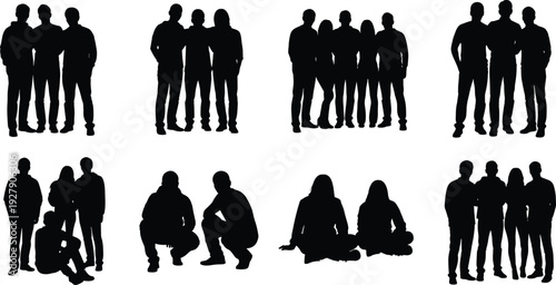 People silhouettes, business professional group, standing sitting poses, diverse crowd, corporate team, men women collection, flavector, architectural scale figures, office vector, lifestyle.