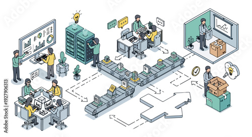 Isometric illustration of people working in an industrial setting with machinery and a production line on a white background.