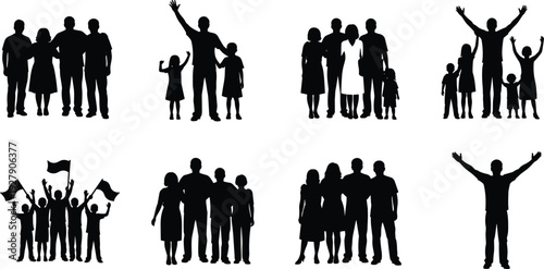 People silhouettes, business professionals group, standing sitting poses, diverse family collection, corporate teamwork, men women set, flavector, architectural scale figures, vector.