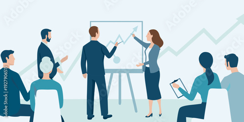 Business team presenting data and strategy with a rising graph illustration