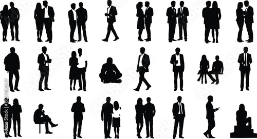 People silhouettes, business professionals set, walking standing sitting poses, corporate group, couple silhouettes, men women collection, flavector, architectural scale figures, vector.