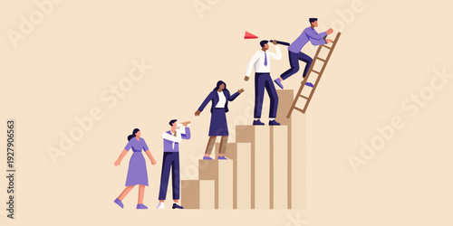 Business team collaboratively climbing stairs towards success and future growth