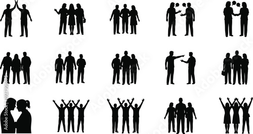 People silhouettes, professional business group, standing sitting couples, diverse crowd, corporate team, men women collection, flavector, architectural scale figures, office vector, lifestyle.