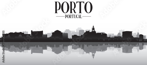 Black and white panoramic poster of the city skyline with misty background buildings and water reflection of PORTO, PORTUGAL