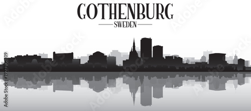 Black and white panoramic poster of the city skyline with misty background buildings and water reflection of GOTHENBURG, SWEDEN
