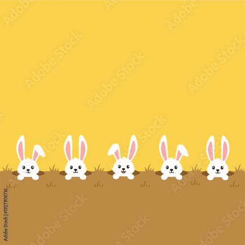 Four white bunnies peeking out from brown earth with grass against yellow background easter concept illustration
