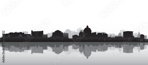 Black and white panoramic poster of the city skyline with misty background buildings and water reflection of PRAGUE, CZECH REPUBLIC
