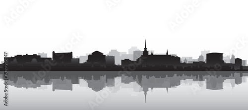 Black and white panoramic poster of the city skyline with misty background buildings and water reflection of BRNO, CZECH REPUBLIC